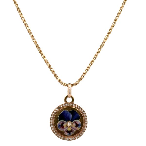 14k Rose Gold Enamel Pansy & Rose Cut Diamond Pendant Necklace – 18