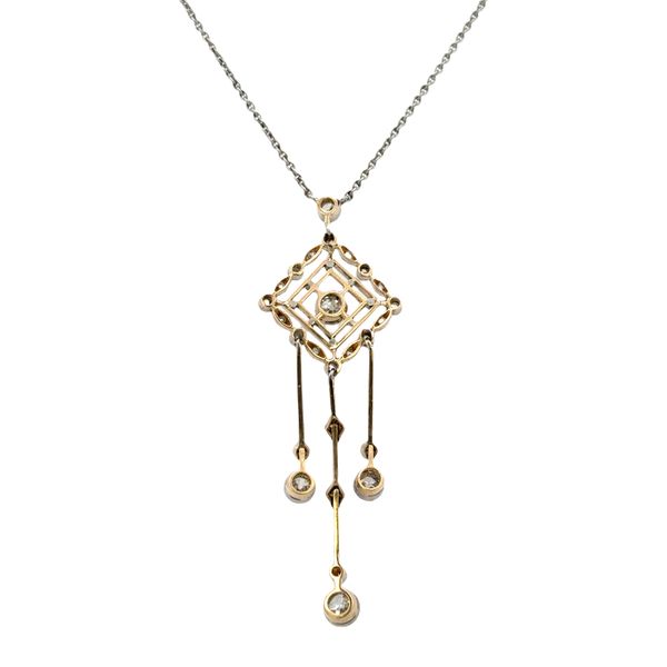 Antique Edwardian Platinum-Topped 14k Yellow Gold Diamond Lavalier Pendant Necklace – 18