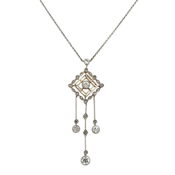 Antique Edwardian Platinum-Topped 14k Yellow Gold Diamond Lavalier Pendant Necklace – 18