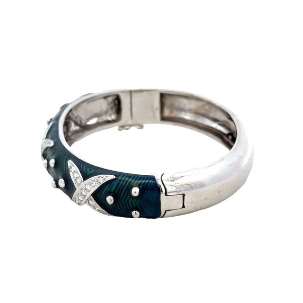 Estate Hidalgo 18k White Gold Enamel & Diamond “X” Design Bangle Bracelet – 6