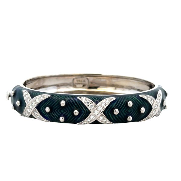 Estate Hidalgo 18k White Gold Enamel & Diamond “X” Design Bangle Bracelet – 6