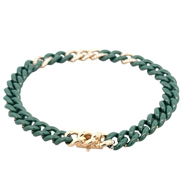 14k Yellow Gold, Green Ceramic & Diamond Curb Link Bracelet – 8