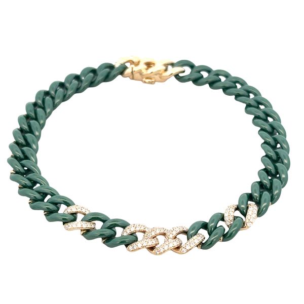 14k Yellow Gold, Green Ceramic & Diamond Curb Link Bracelet – 8