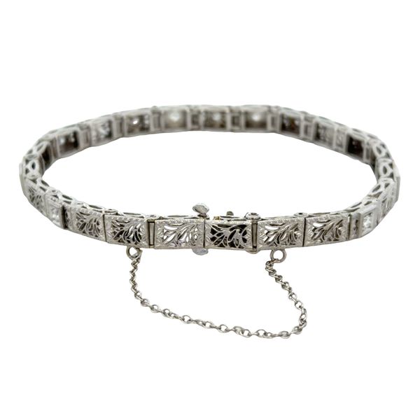 Vintage Art Deco 14k White Gold Old European Cut Diamond Filigree Panel Bracelet – 7