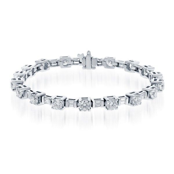 14k White Gold Round & Baguette Diamond Bracelet – 7