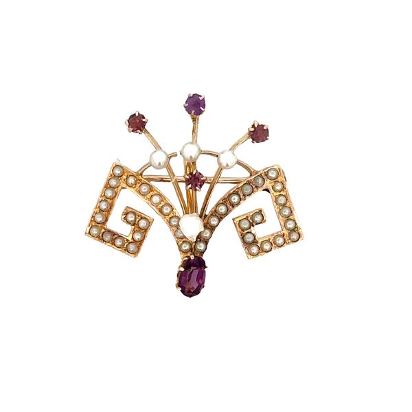 Antique Art Nouveau Amythest Glass Brooch in Yellow Gold Perry's Diamonds & Estate Jewelry Charlotte, NC