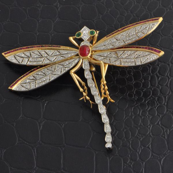 VIntage Platinum and Yellow Gold Dragonfly Brooch Image 2 Perry's Diamonds & Estate Jewelry Charlotte, NC