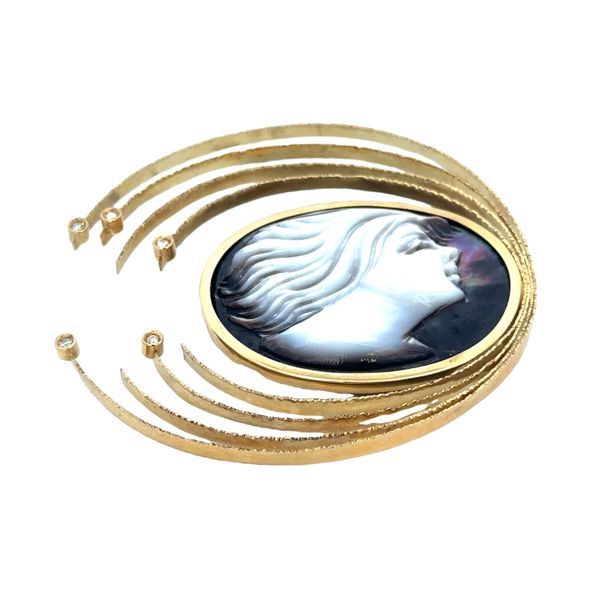 Unique Vintage Italian Mother of Pearl Cameo and Diamond Brooch in 18k Yellow Gold Image 2 Perry's Diamonds & Estate Jewelry Charlotte, NC