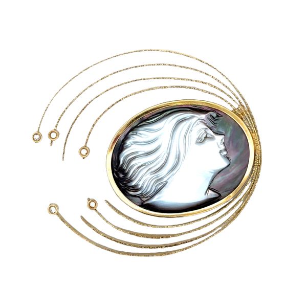 Unique Vintage Italian Mother of Pearl Cameo and Diamond Brooch in 18k Yellow Gold Perry's Diamonds & Estate Jewelry Charlotte, NC