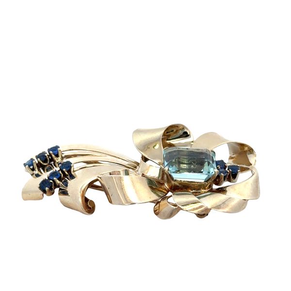 Vintage Tiffany & Co. Retro 14k Yellow Gold Aquamarine & Sapphire Brooch Image 4 Perry's Diamonds & Estate Jewelry Charlotte, NC