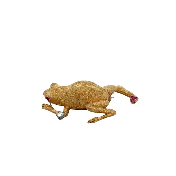 18k Yellow Gold Textured Frog Brooch with Ruby & Diamond Accents Image 2 Perry's Diamonds & Estate Jewelry Charlotte, NC