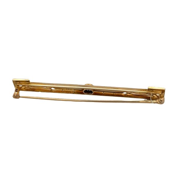 Antique Art Nouveau 14k Yellow Gold Sapphire, Seed Pearl & Enamel Bar Pin – Circa 1910s Image 2 Perry's Diamonds & Estate Jewelry Charlotte, NC