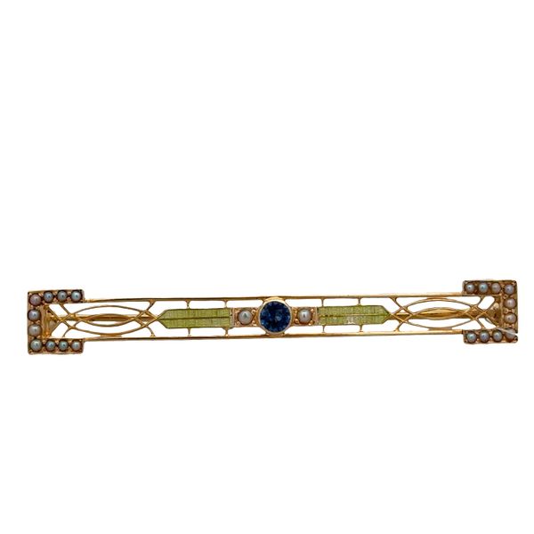Antique Art Nouveau 14k Yellow Gold Sapphire, Seed Pearl & Enamel Bar Pin – Circa 1910s Perry's Diamonds & Estate Jewelry Charlotte, NC