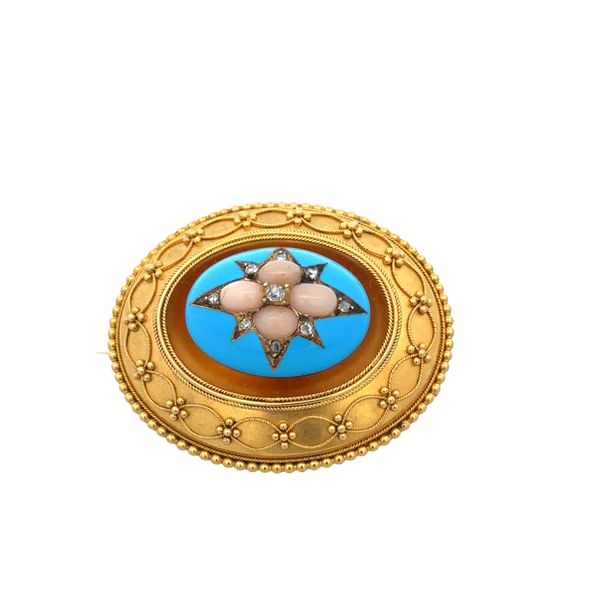 Antique Victorian 18k Yellow Gold Etruscan Revival Coral, Enamel & Diamond Memorial Brooch – Circa 1870s-1880s Perry's Diamonds & Estate Jewelry Charlotte, NC