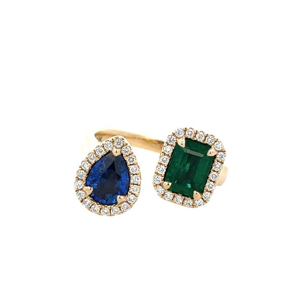 14K Yellow Gold Sapphire & Emerald Bypass Ring – 2.11 CTW Gemstones with Diamond Halos Perry's Diamonds & Estate Jewelry Charlotte, NC