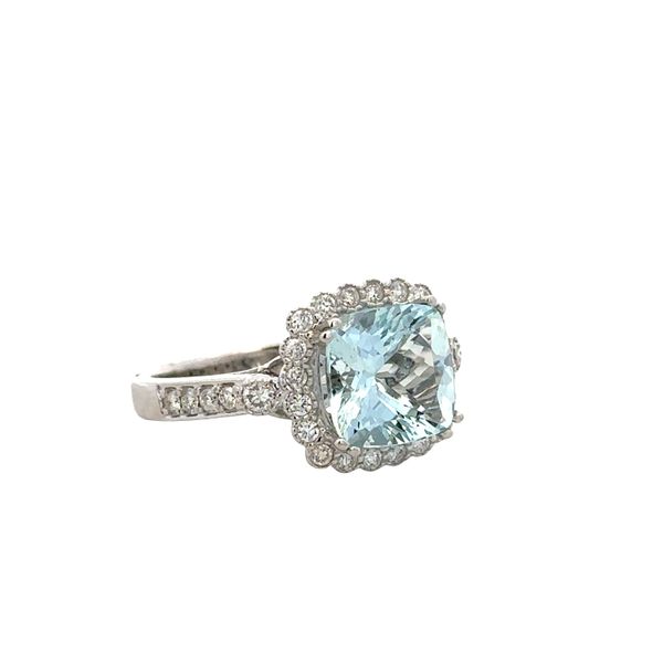 14k White Gold Cushion Cut Aquamarine and Diamond Halo Ring – 2.75 ct. Aquamarine, 0.50 ct. Diamonds Image 2 Perry's Diamonds & Estate Jewelry Charlotte, NC