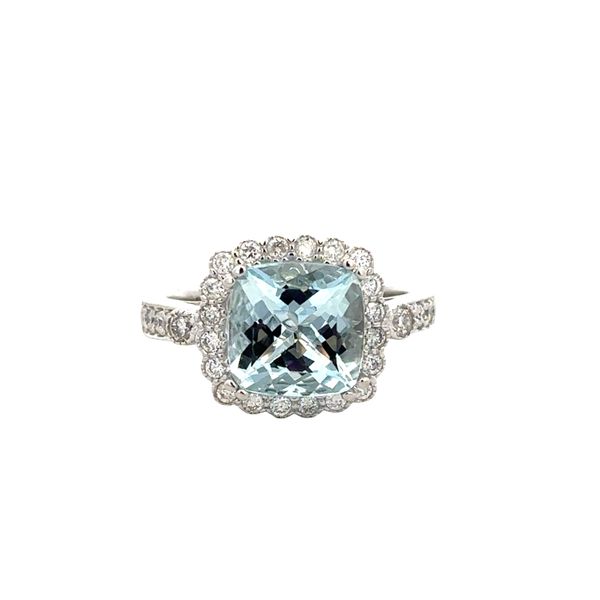 14k White Gold Cushion Cut Aquamarine and Diamond Halo Ring – 2.75 ct. Aquamarine, 0.50 ct. Diamonds Perry's Diamonds & Estate Jewelry Charlotte, NC