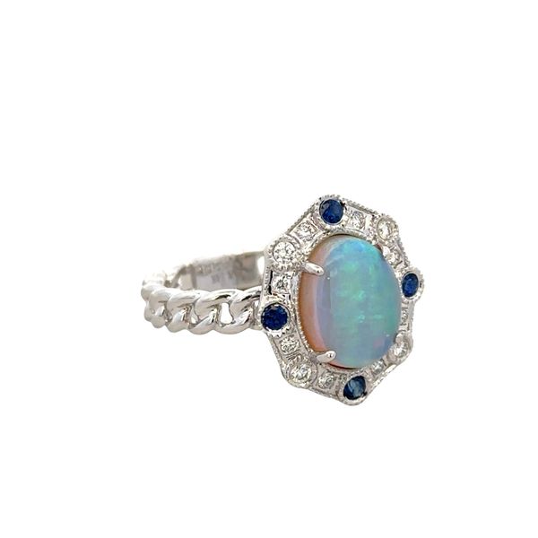 14k White Gold Opal, Sapphire & Diamond Halo Ring – Size 7.25 Image 2 Perry's Diamonds & Estate Jewelry Charlotte, NC