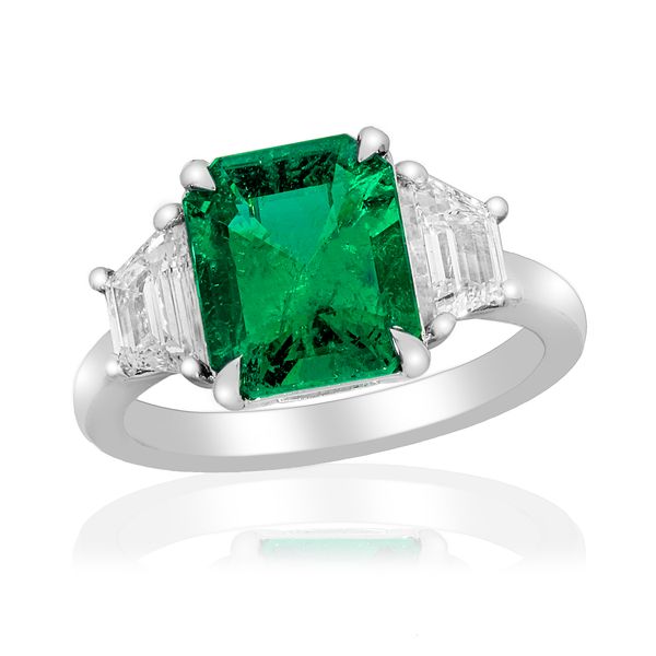 Platinum Emerald & Trapezoid Diamond Three-Stone Ring – Size 6.5 Perry's Diamonds & Estate Jewelry Charlotte, NC