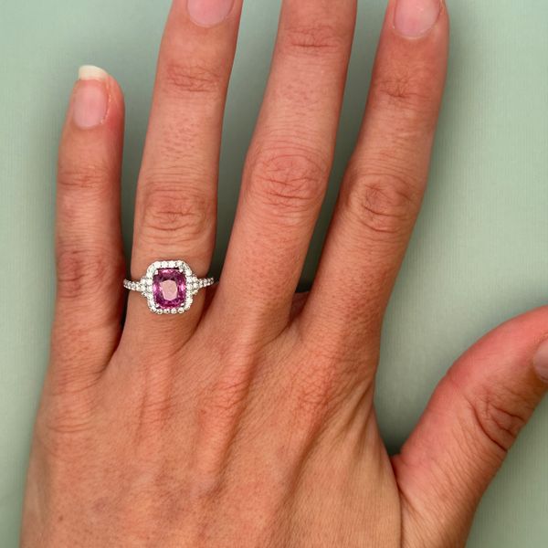 14k White Gold Pink Sapphire & Diamond Halo Ring – Size 5.25 Image 4 Perry's Diamonds & Estate Jewelry Charlotte, NC