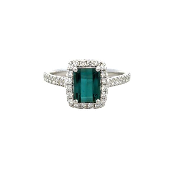18k White Gold Blue-Green Tourmaline & Diamond Halo Ring – Size 6.75 Perry's Diamonds & Estate Jewelry Charlotte, NC