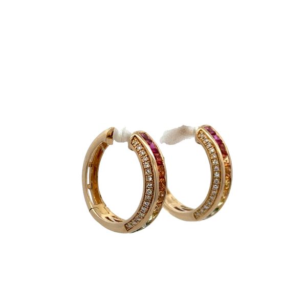 14k Yellow Gold Multi-Color Sapphire & Diamond Hoop Earrings Image 2 Perry's Diamonds & Estate Jewelry Charlotte, NC