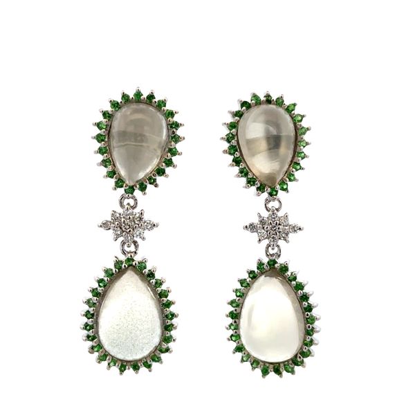 Estate Sonia B 14k White Gold Moonstone, Tsavorite & Diamond Drop Earrings – 1 1/2