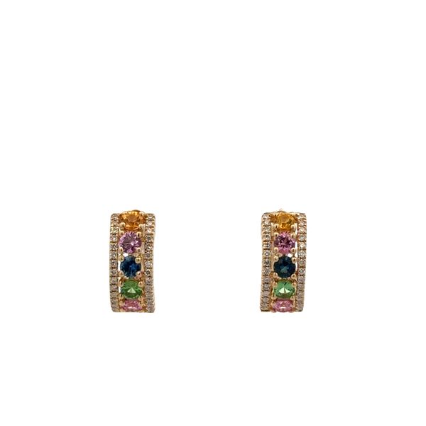 14k Yellow Gold Multicolor Sapphire & Diamond Petite Hoop Earrings Perry's Diamonds & Estate Jewelry Charlotte, NC