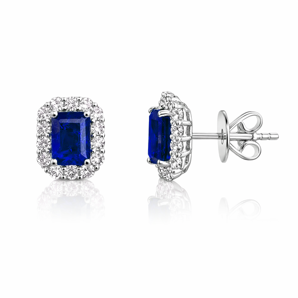 14k White Gold Sapphire & Diamond Halo Stud Earrings – Rhodium Plated Perry's Diamonds & Estate Jewelry Charlotte, NC