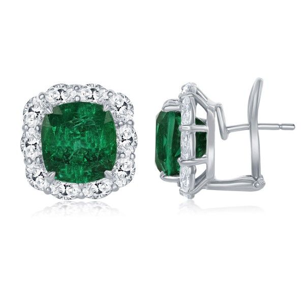 18k White Gold Zambian Emerald & Oval Diamond Halo Earrings Perry's Diamonds & Estate Jewelry Charlotte, NC