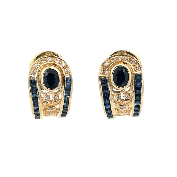 14k Yellow Gold Sapphire & Diamond Huggie Earrings Perry's Diamonds & Estate Jewelry Charlotte, NC