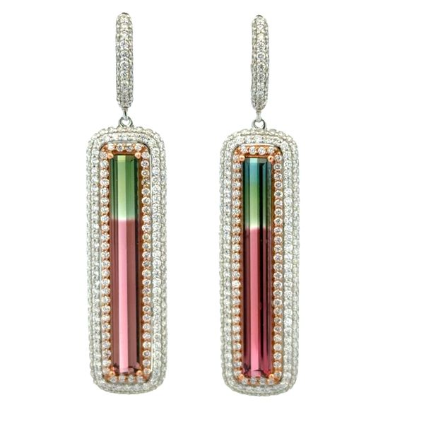 18k White Gold Bi-Color Watermelon Tourmaline & 2.66 CT Diamond Drop Earrings Perry's Diamonds & Estate Jewelry Charlotte, NC
