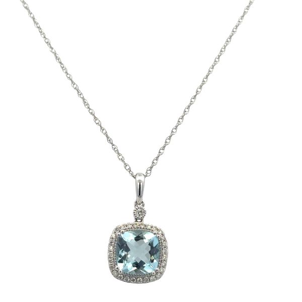 14k White Gold Cushion Cut 1.90ct Aquamarine & Diamond Halo Pendant Necklace Perry's Diamonds & Estate Jewelry Charlotte, NC