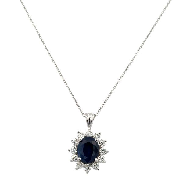 14k White Gold Sapphire & Diamond Halo Pendant Necklace – 18