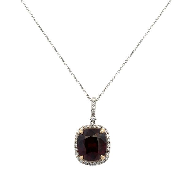 14k White Gold Garnet and Diamond Halo Pendant Necklace Perry's Diamonds & Estate Jewelry Charlotte, NC