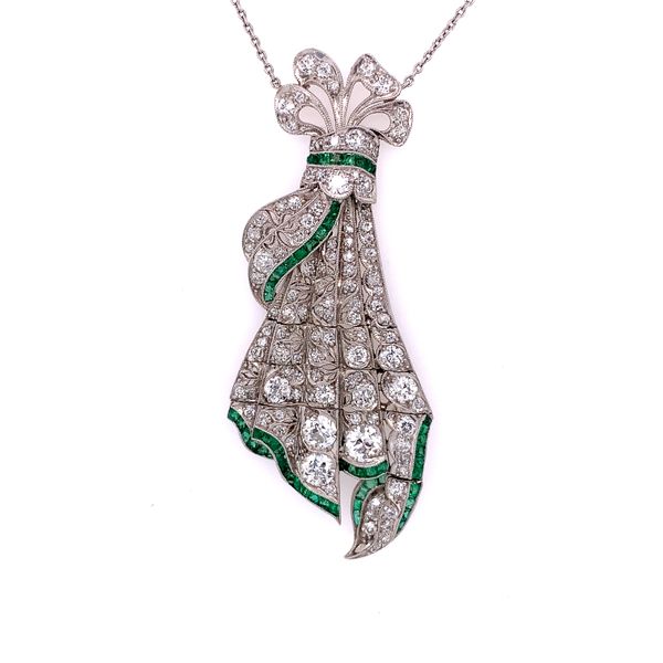 Art Deco Diamond & Emerald Pendant in Platinum Image 2 Perry's Diamonds & Estate Jewelry Charlotte, NC
