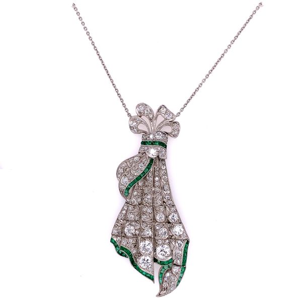 Art Deco Diamond & Emerald Pendant in Platinum Perry's Diamonds & Estate Jewelry Charlotte, NC
