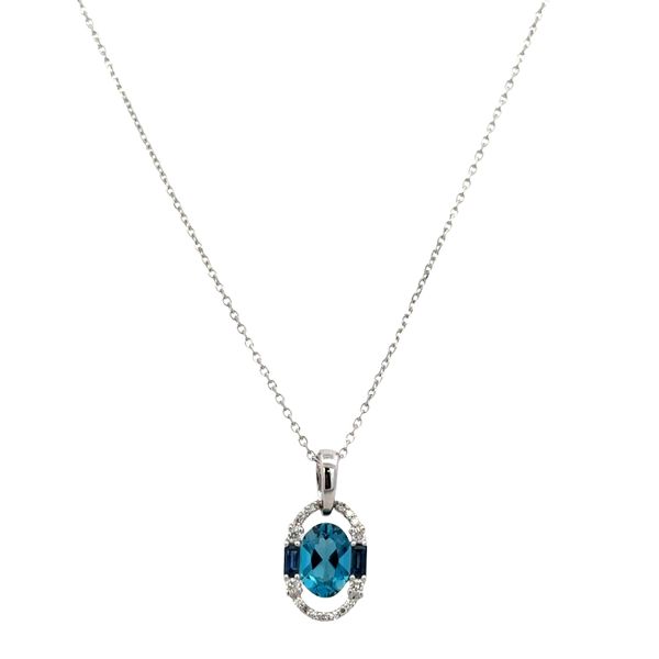 14k White Gold Blue Topaz, Sapphire & Diamond Pendant Necklace – Adjustable 18