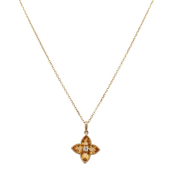 14k Yellow Gold Citrine & Diamond Quatrefoil Pendant Necklace – Adjustable 18