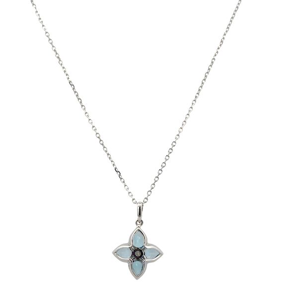 14k White Gold Blue Topaz & Diamond Quatrefoil Pendant Necklace – Adjustable 18