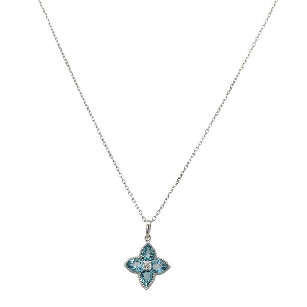 14k White Gold Blue Topaz & Diamond Quatrefoil Pendant Necklace – Adjustable 18