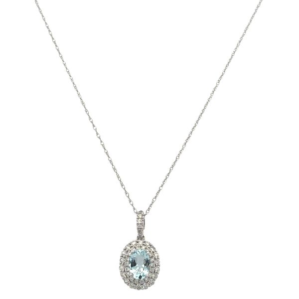 14k White Gold Aquamarine & Diamond Double Halo Pendant Image 2 Perry's Diamonds & Estate Jewelry Charlotte, NC