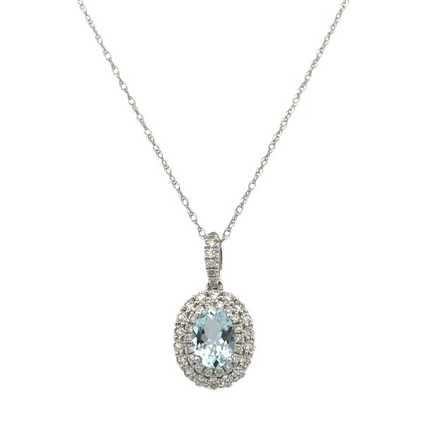 14k White Gold Aquamarine & Diamond Double Halo Pendant Perry's Diamonds & Estate Jewelry Charlotte, NC
