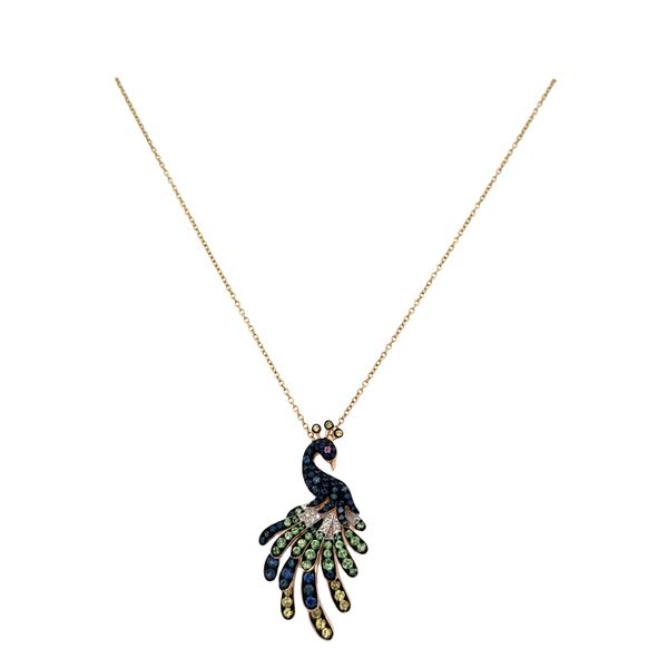Estate Effy 14k Yellow Gold Multi-Color Sapphire & Diamond Peacock Pendant Necklace – Adjustable 21