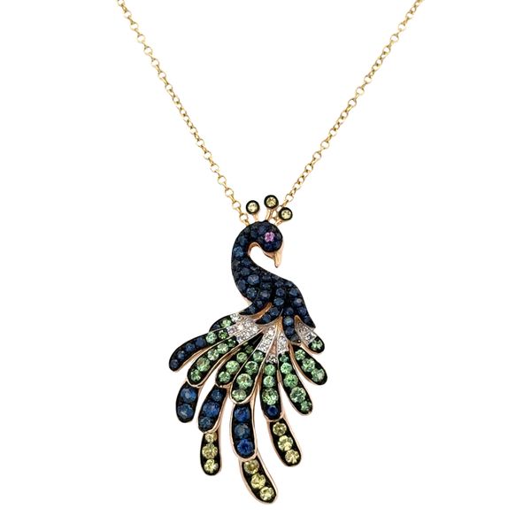 Estate Effy 14k Yellow Gold Multi-Color Sapphire & Diamond Peacock Pendant Necklace – Adjustable 21