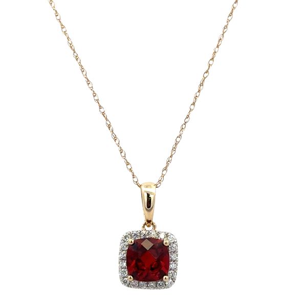 14k Yellow Gold Garnet & Diamond Halo Pendant Necklace – 18
