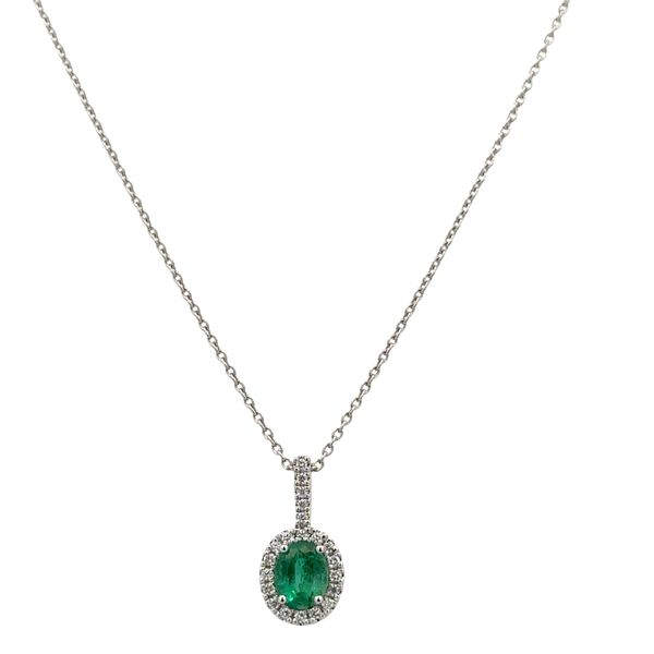 14k White Gold Emerald & Diamond Halo Pendant Necklace – 18