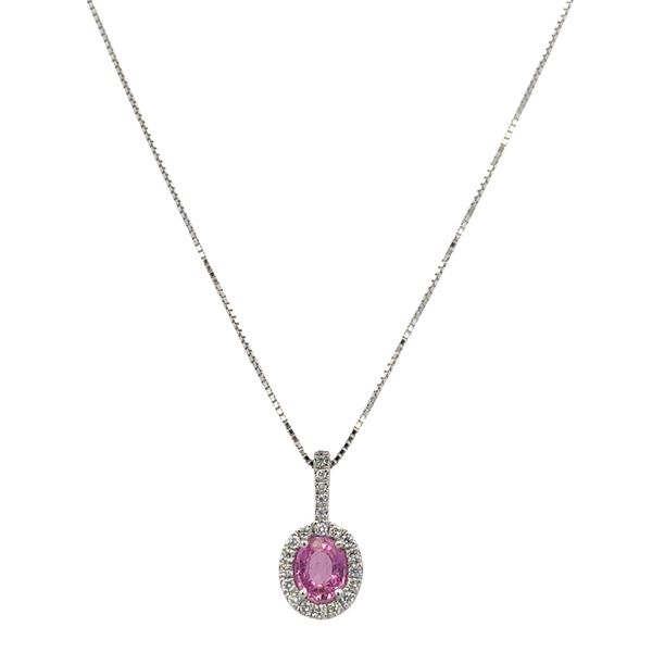 14k White Gold Pink Sapphire & Diamond Halo Pendant Necklace – 18