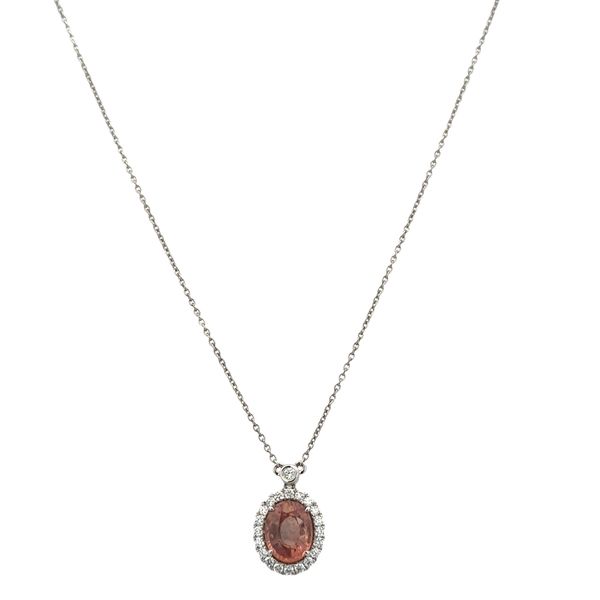 14k White Gold Padparadscha Sapphire & Diamond Halo Pendant Necklace – 18