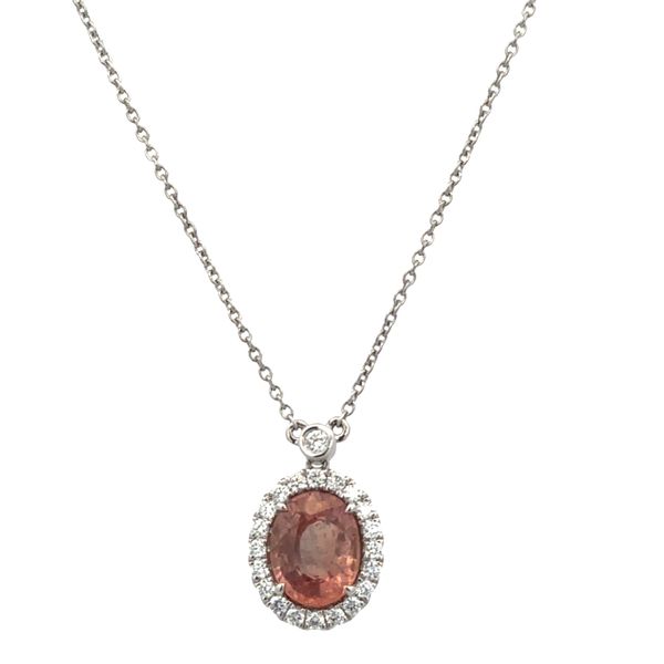 14k White Gold Padparadscha Sapphire & Diamond Halo Pendant Necklace – 18